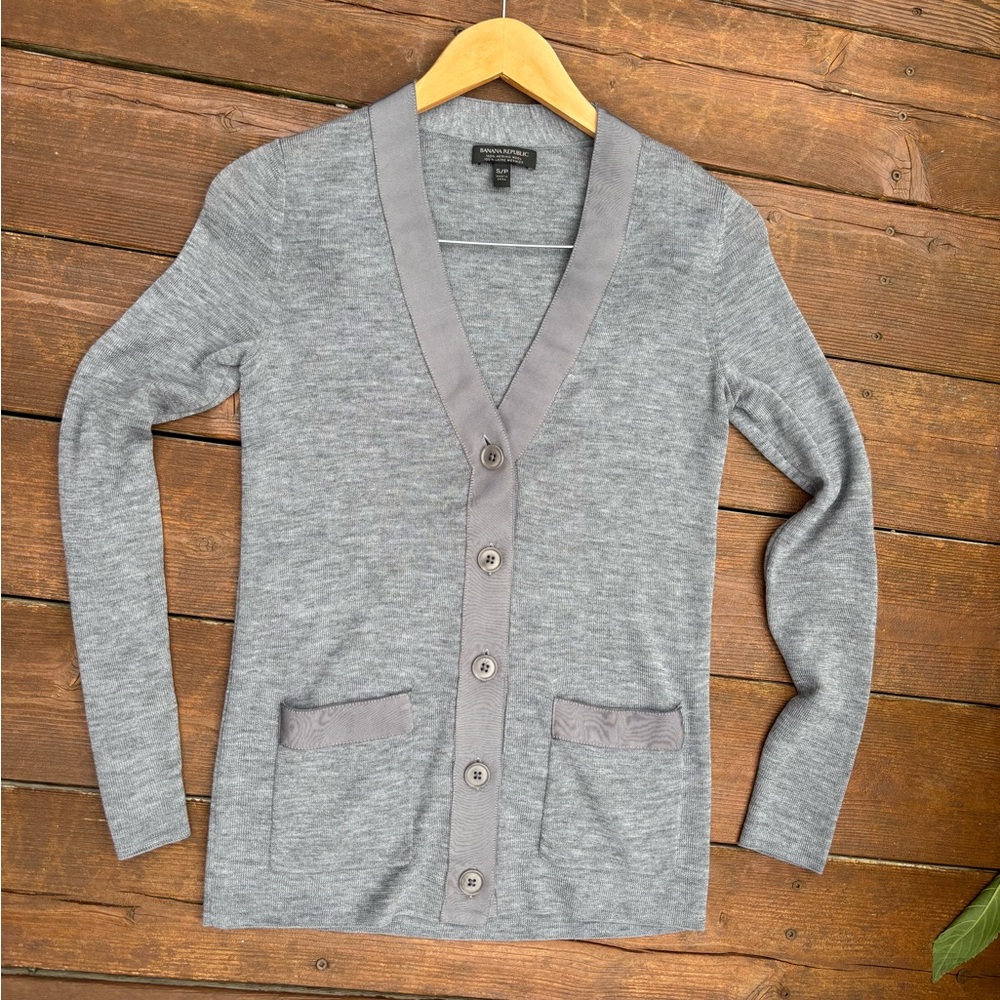 Banana Republic Women's Heather Gray Cardigan, Merino Wool Long Sleeve Cardigan